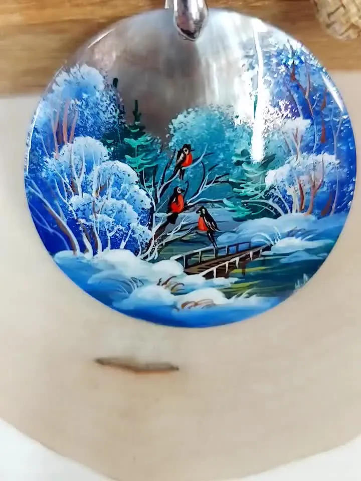 Pendant Winter landscape. Bullfinches. Mother-of-pearl Russian hand painting. Hand-painted necklace pendant. Hand painted miniature painting