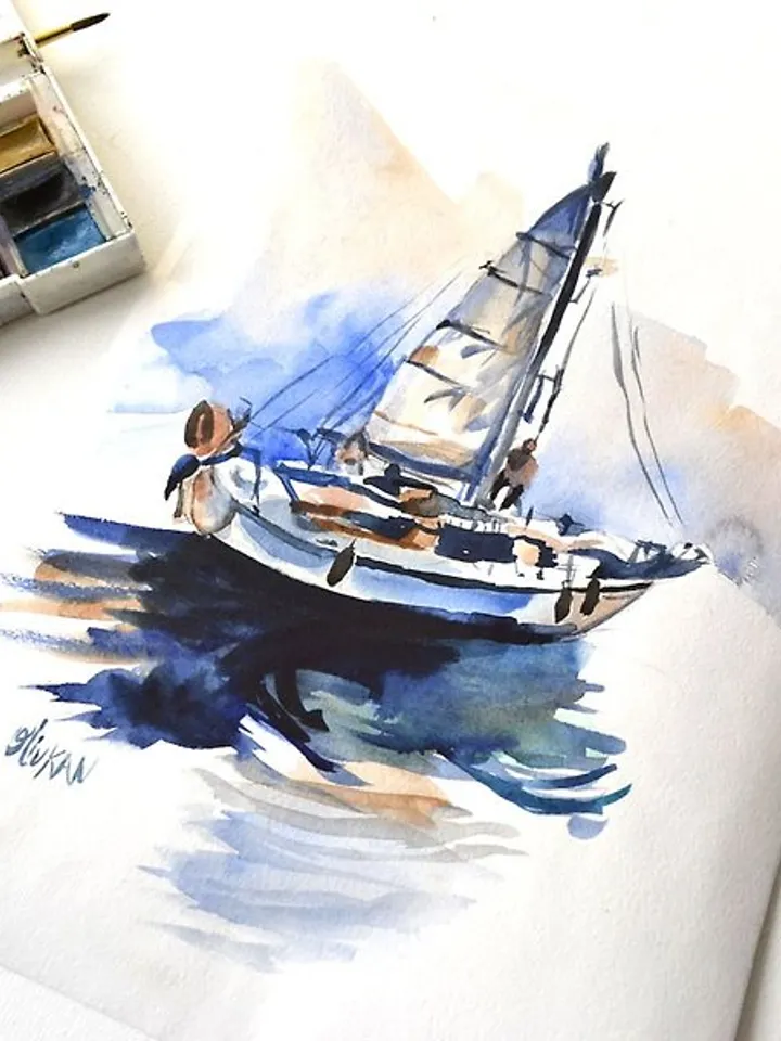 Sailboat Painting Original Watercolor Yacht Art Seascape Artwork