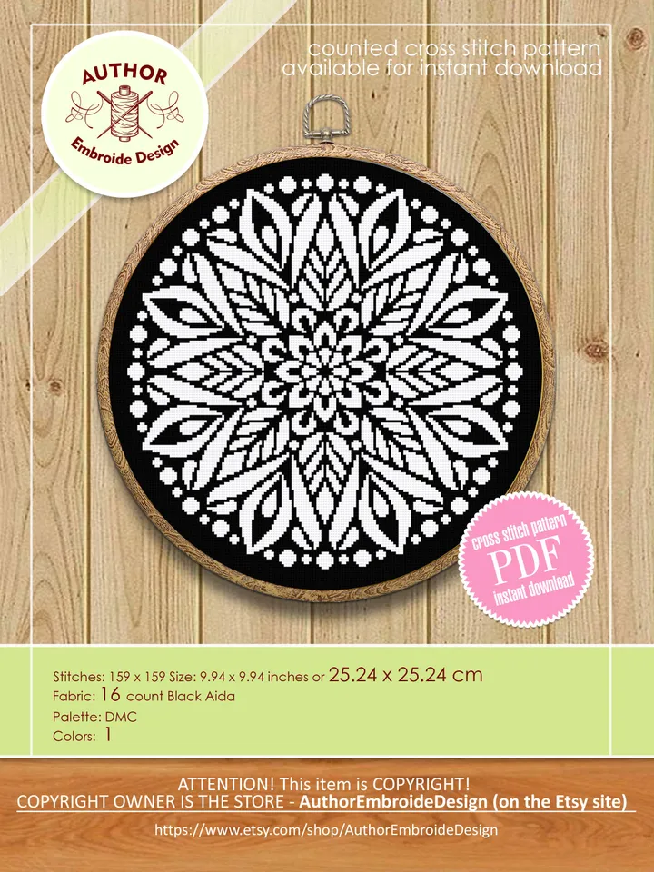 Flower mandala cross stitch pattern download PDF Simple mandala digital Monochrome cross stitch Modern cross stitch pillow Home decor #M177