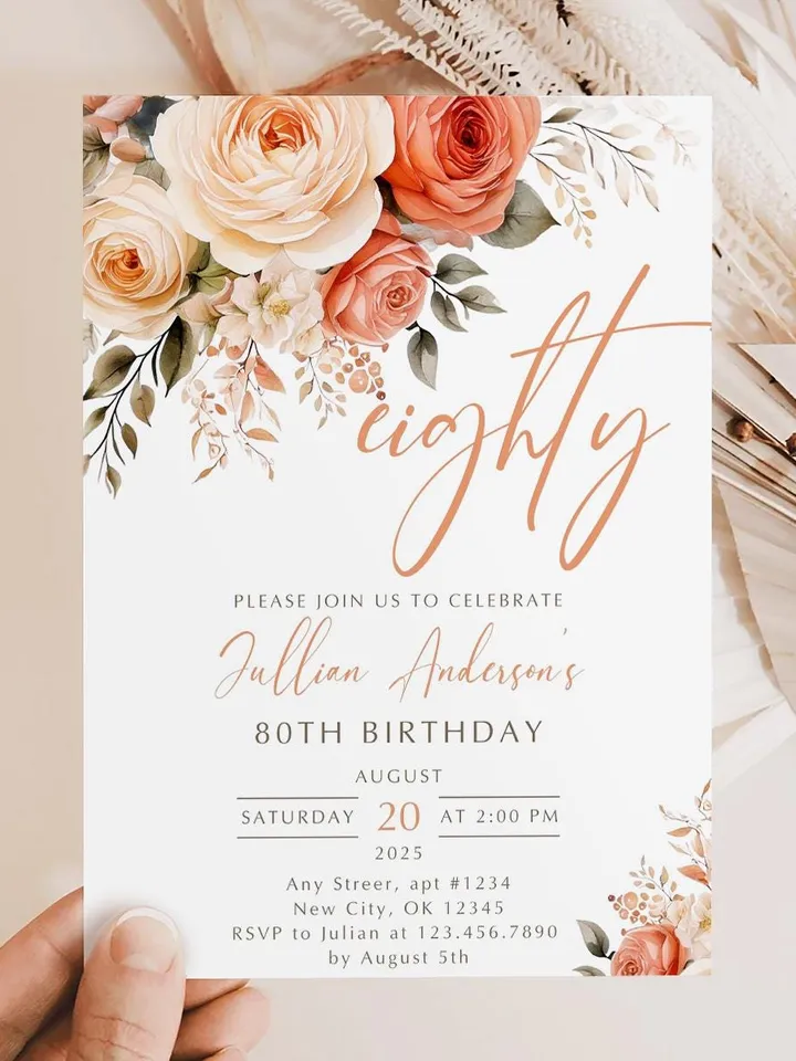 80th Birthday Invitation, Birthday Party Invitations for Women, Floral Birthday Invite for Her, Canva Editable Template, Instant Download
