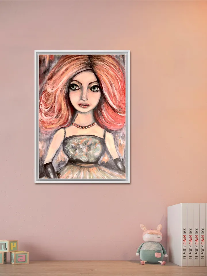 Madlen doll original oil and acrylic mix media painting on stretched canvas.decorated with natural rose river pearls,abstract background.