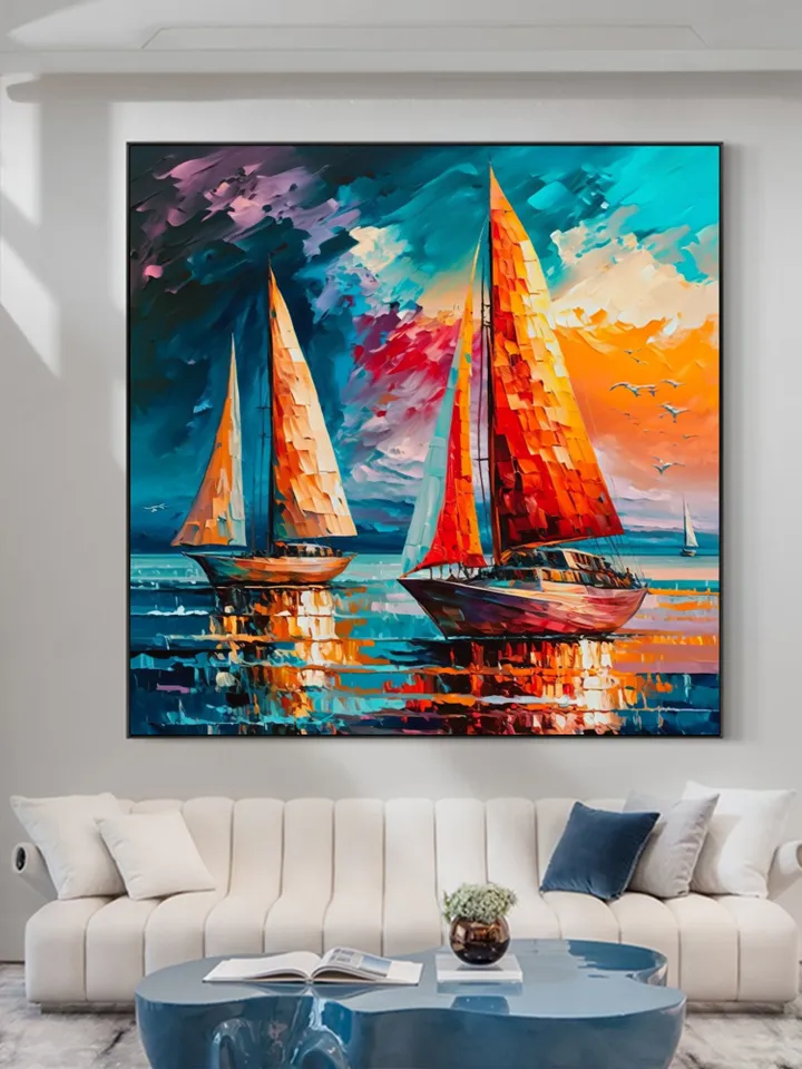 Original Colorful Sailboat Oil Painting on Canvas, Abstract Seascape Acrylic Painting Large Wall Art Custom Painting Living Room Wall Decor