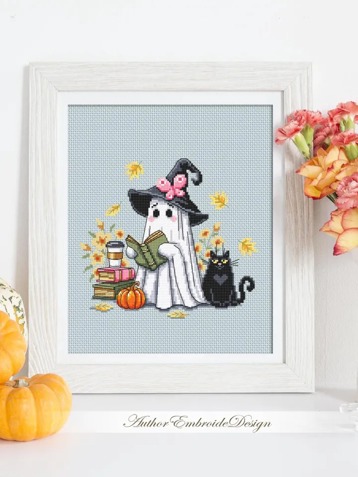 Cute ghost cross stitch pattern PDF download Ghost witch cross stitch chart, Halloween pattern digital PDF, Ghost reading, Black cat #H85