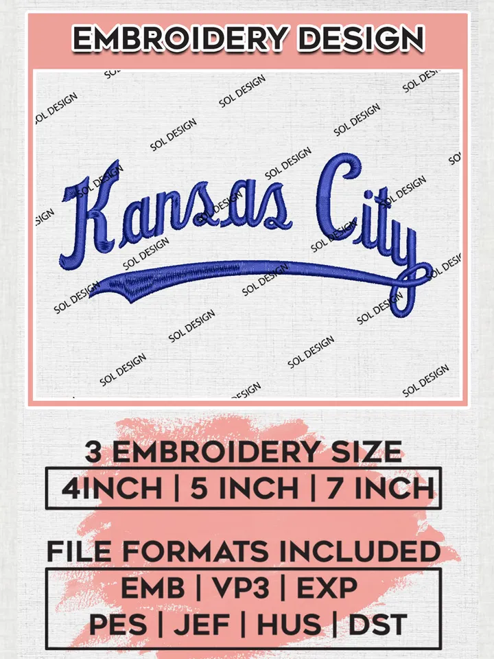 MLB Kansas City Team Wordmark Logo Embroidery Files, MLB Kansas City Royals Team Embroidery, MLB Teams, 3 sizes, MLB Machine embroidery designs, Digital Download