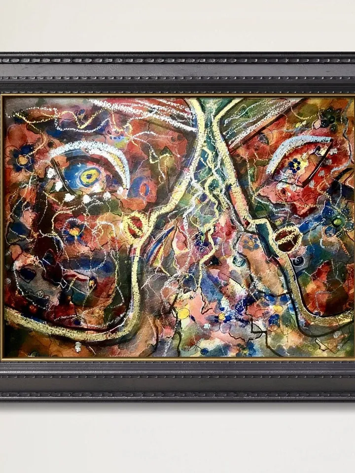 Original Abstract fantasy faces, watercolour mix media one of a kind painting on watercolour 400 g paper,home decoration or gift.