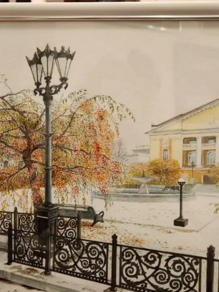 Picture in a frame under glass "Theater Square", watercolor, size 30 cm by 30 cm