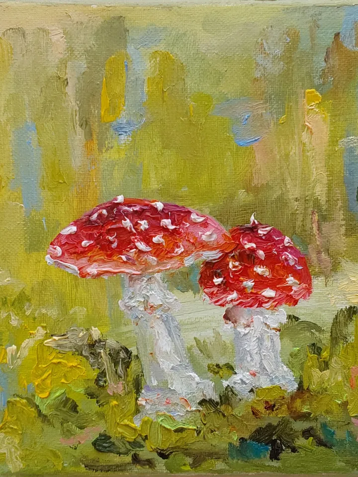 Oil painting on canvas "Mushrooms in the forest" 20x20cm (8x8inch)
