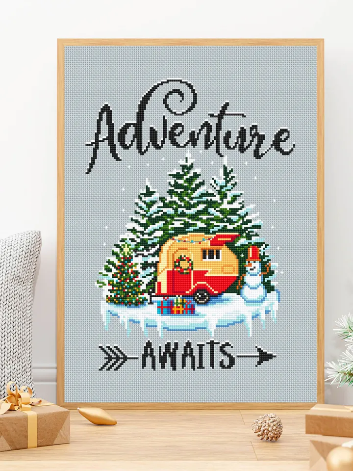 Adventure awaits cross stitch pattern download PDF Winter camping cross stitch Nature landscape embroidery PDF DIY Christmas decor #L14