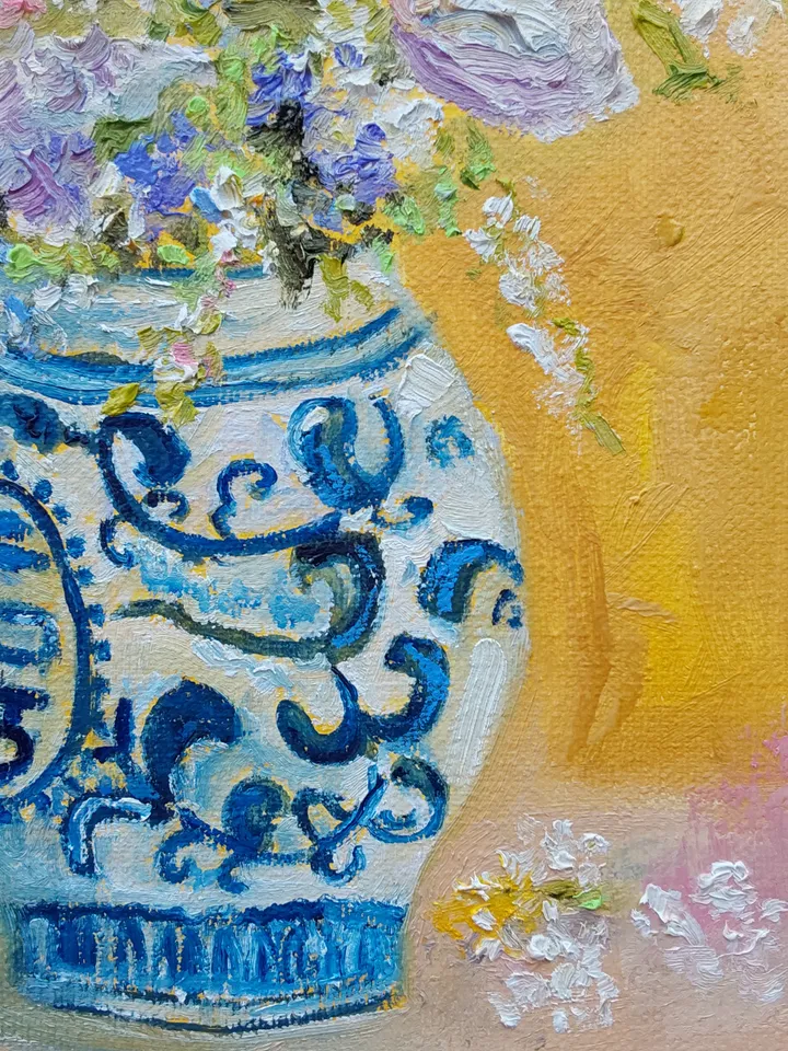 Oil painting on canvas "Still life. Bouquet of lilacs in a Chinese vase" 24x30cm (9.6x12inch)
