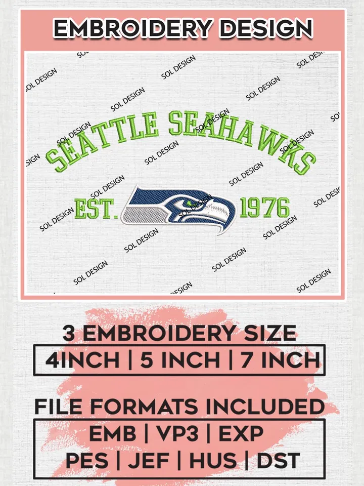 Seattle Seahawks Est 1976 Embroidery Designs, NFL Seahawks Embroidery Designs, NFL Embroidery Designs, NFL Seattle Seahawks Machine Embroidery Design, Digital Download