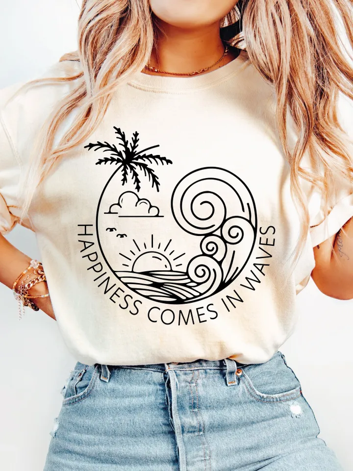 Happiness Comes in Waves SVG, Summer Shirt Svg, Positive Svg, Waves Svg, Beach Svg, Summer Vacay Vibe svg, Png