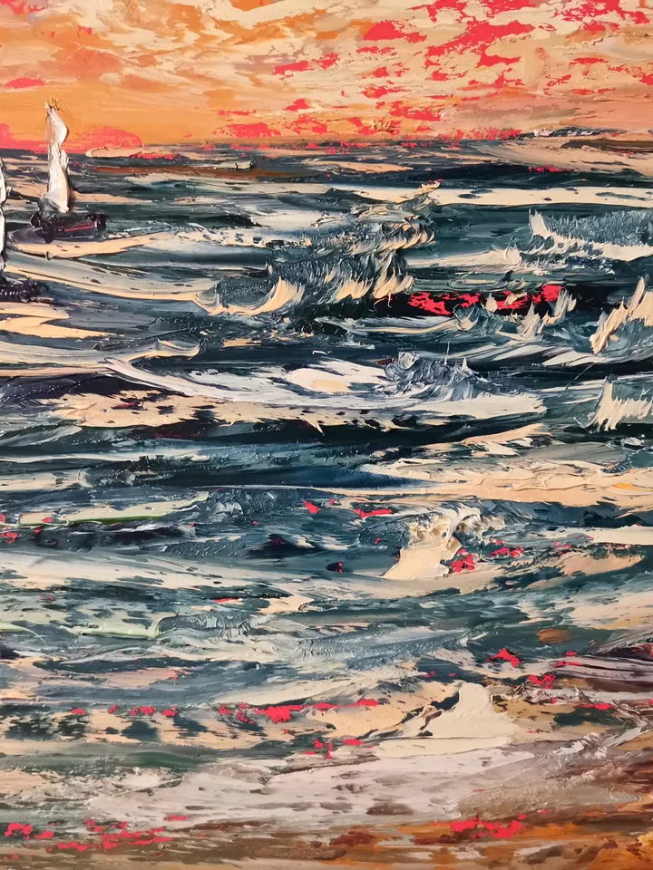 Sailboat Surfing Sea Sunset Seagulls Original Art Oil Painting Artist Svinar Oksana