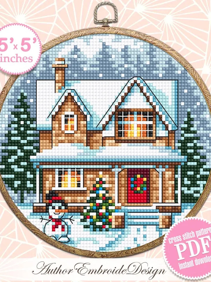 Christmas house cross stitch pattern PDF download Winter landscape cross stitch chart, Christmas pattern digital PDF, House in forest #N182