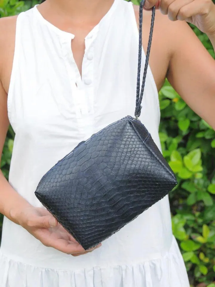 Genuine python skin blue cosmetic bag | travel kit bag | small leather purse | gift idea | small cosmetic unisex bag snakeskin handmade