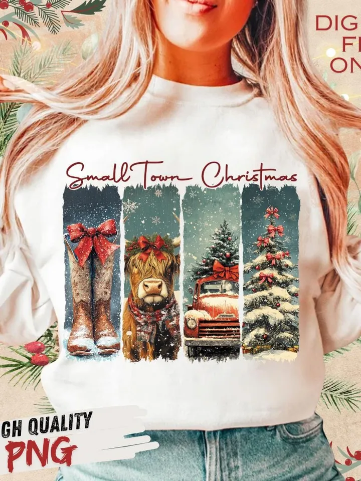 Vintage small town christmas PNG, Cowgirl Png, Small town girl Christmas PNG, highland cow Christmas png, Christmas western png