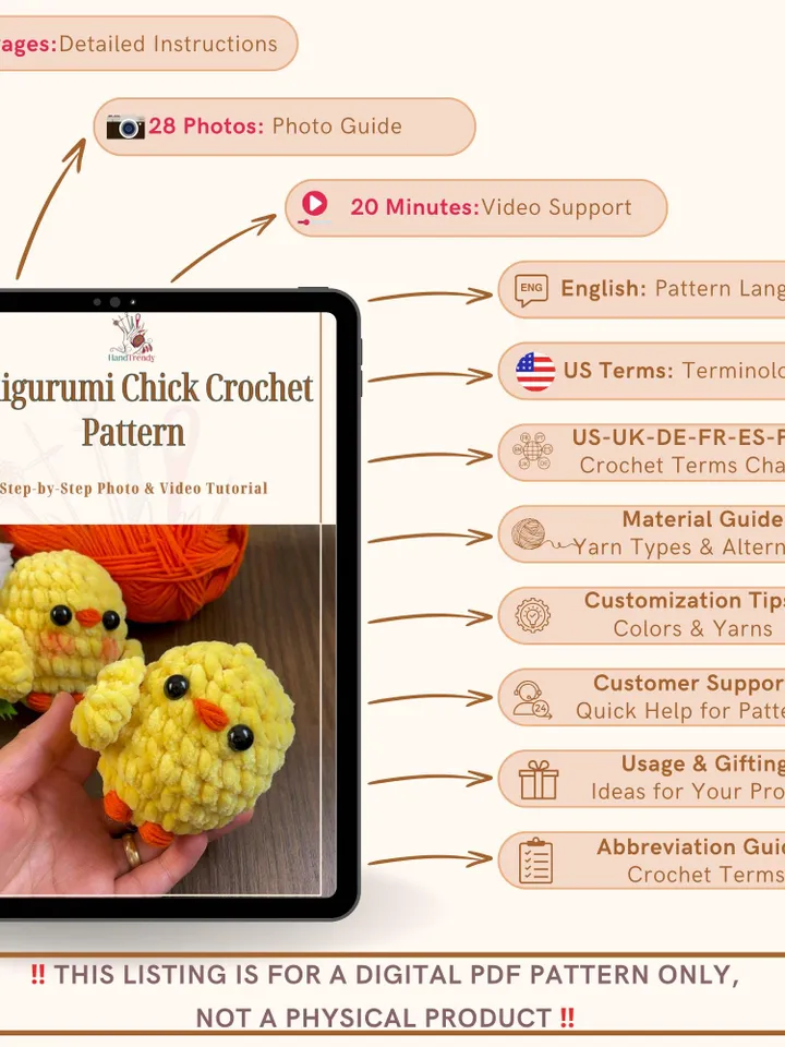 Amigurumi Chick Crochet Pattern, Plush Baby Chick PDF, DIY Easter Chicken Toy, Soft Velvet Yarn Crochet Animal, Handmade Gift