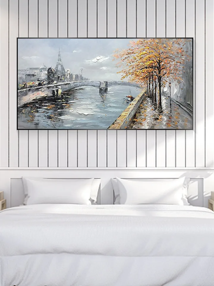 Large Original Oil Painting on Canvas,Abstract Art,Boho Wall Decor,Lake,Trees,Landscape,Bridge,Nature,Living Room Painting, Large Wall Art