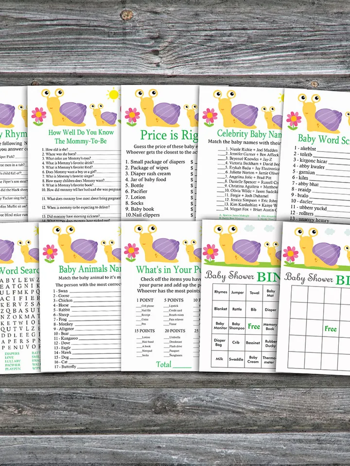 Snail baby shower games bundle,Woodland animals Baby Shower games package,Fun Baby Shower Games,9 Printable Games-279