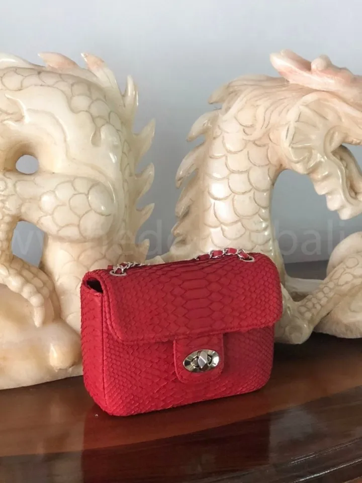 Genuine Python Skin red summer small bag| Adjustable Chain Classy Elegant Bright Classy Crossbody Small Lady Summer Purse | Gift for her