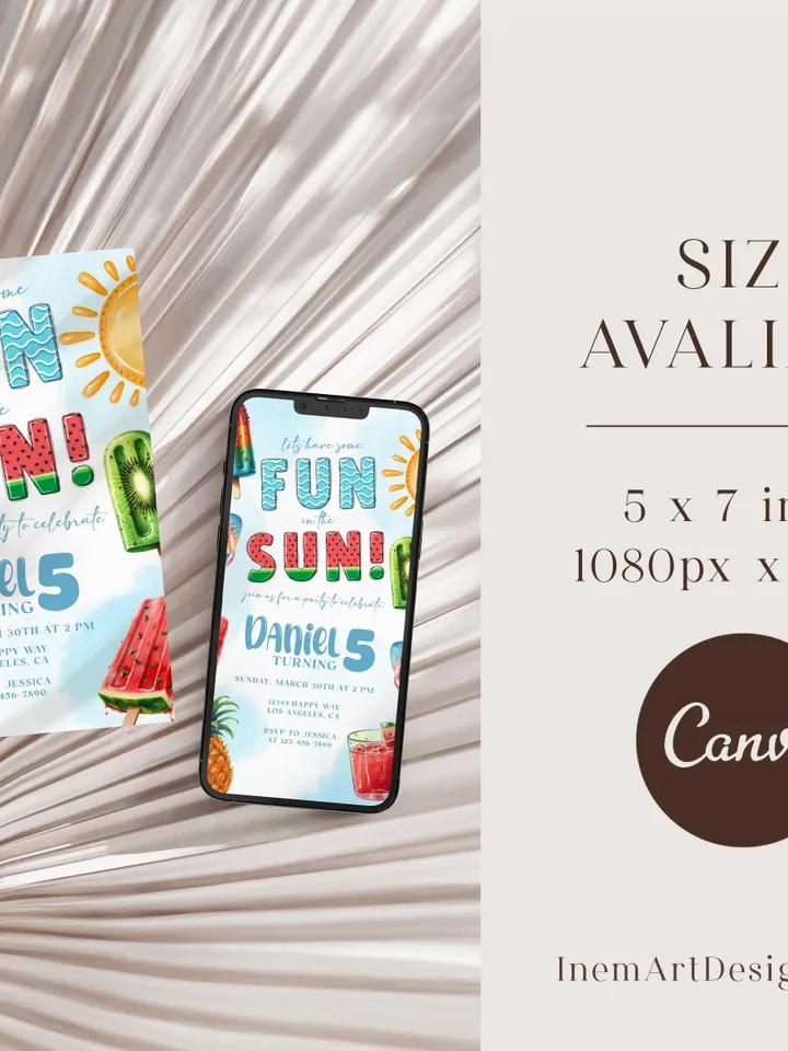 Summer Birthday Invitation, Summer Invite, Fun in the Sun Birthday Party Invitation, Ice Cream Popsicle Watermelon, Editable Template