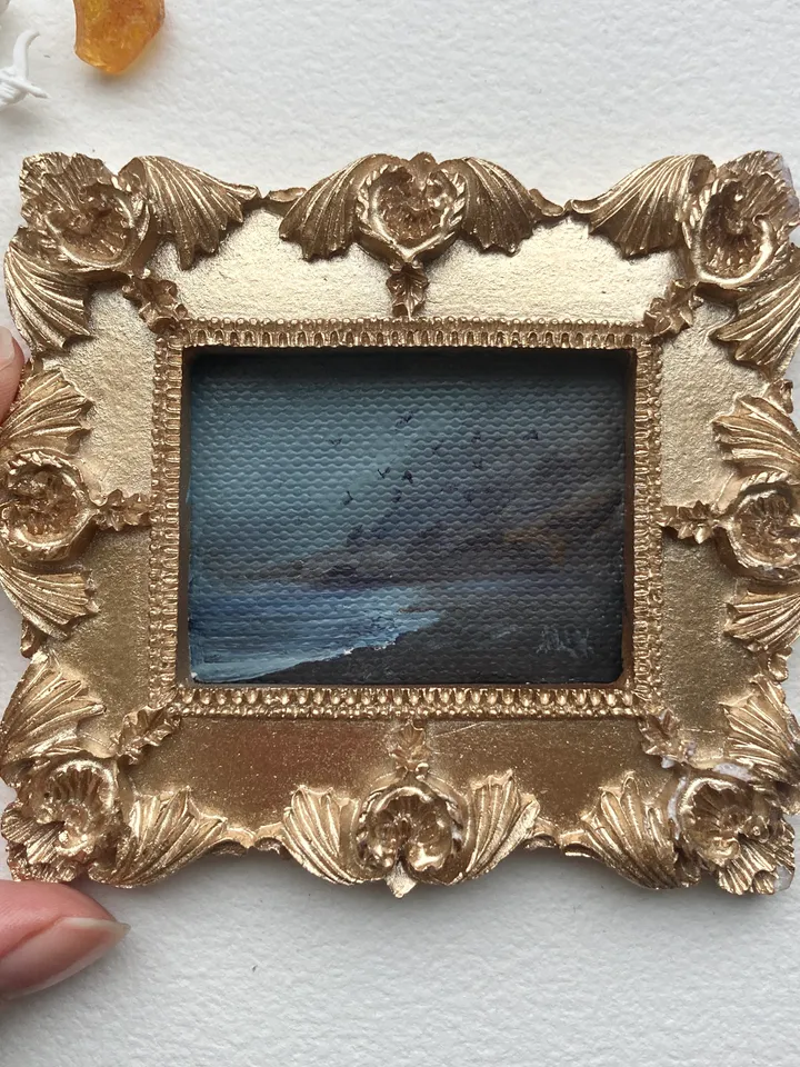 Small Landscape Oil Painting Framed Original Foggy Coast Painting Antique Ocean Art Gold Frame Tiny Paintings 3 x 4 Birds Art