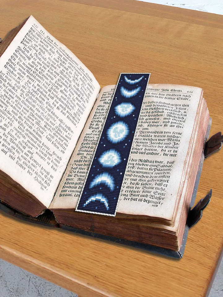 Moon bookmark cross stitch pattern download PDF, Handmade bookmark embroidery PDF, Moon phases cross stitch chart, Starry night sky #B83