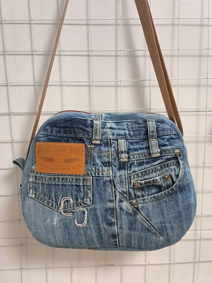 Unusual cute handmade denim bag with pockets - adjustable strap