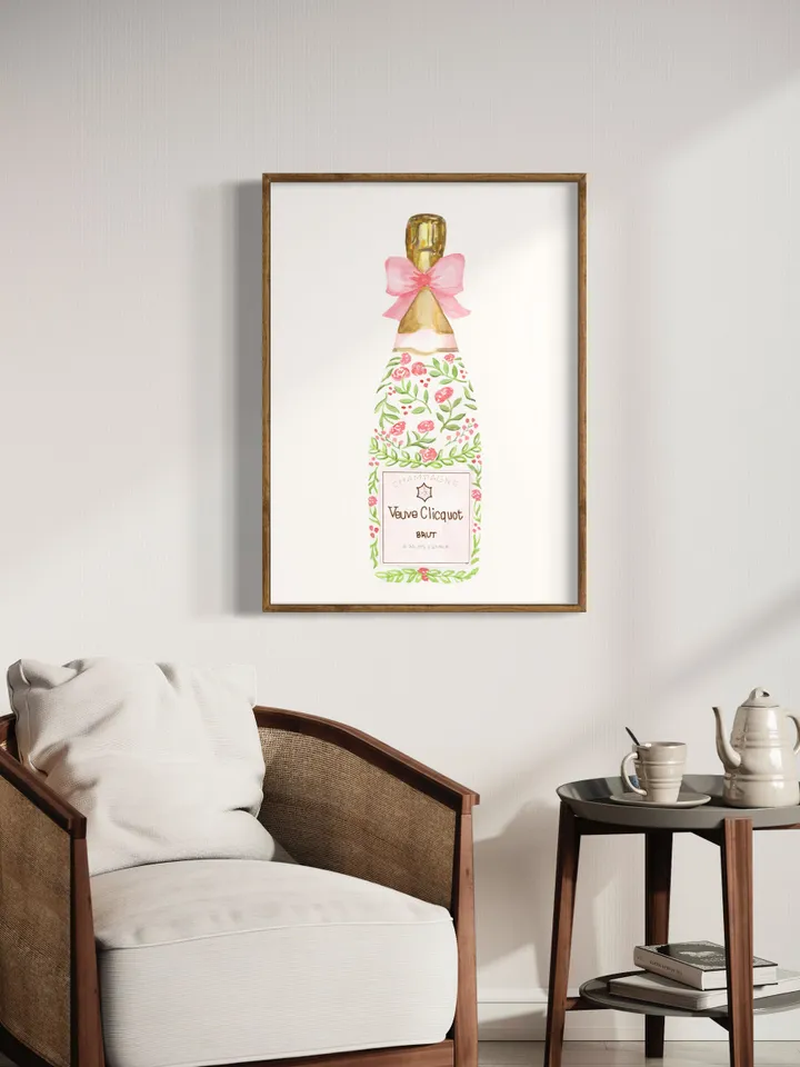 Champagne Bottle Chinoiserie Style Wall Art Print,Pink Watercolor Bar Cart Print, Cocktail Decor,Wine Wall Art,Preppy Bar Cart, Gift For Her