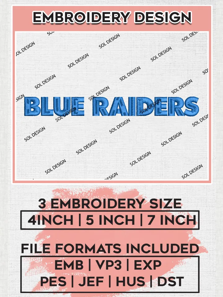 NCAA Blue Raiders Football Team Word Logo Embroidery Design Files, NCAA Middle Tennessee Blue Raiders Machine Embroidery, NCAA Teams, Game Day, 3 sizes, NCAA Machine embroidery designs, Digital Download