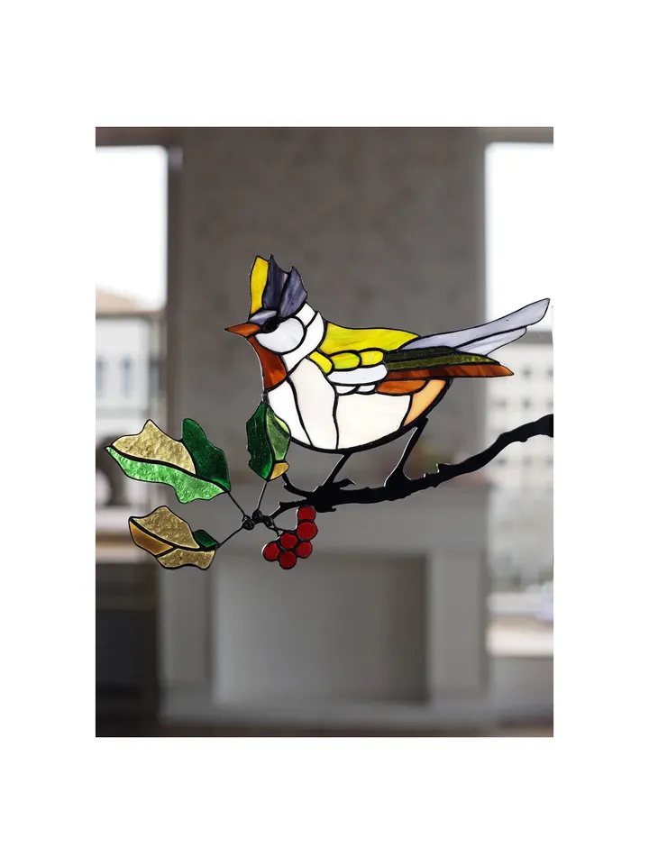 Crested Tit on a Hawthorn Branch, Tiffany Stained Glass Art, Stained Glass Crested Tit and Hawthorn, Tiffany Style, Nature-Inspired Crested Tit Stained Glass Panel, Tiffany Technique Stained Glass, Bird on Hawthorn, Crested Tit Bird with Berries, Handmade