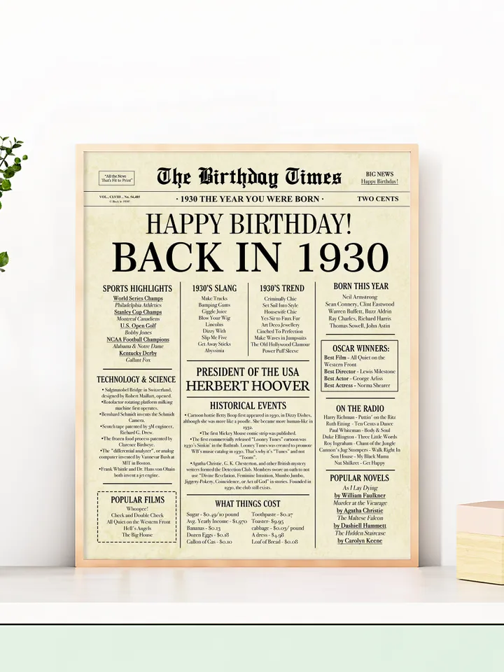 Back in 1930 Birthday Card - 95th Birthday Gift for Women or Men - 95th Birthday Decoration for Grandmother or Grandpa - Funny Table Centerpiece for 95 Years Old Birthday Party - Last Minute Gift