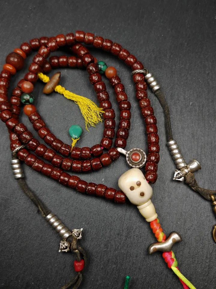 Authentic Tibetan Rudraksha Mala Necklace,Old 8mm 108  Prayer Beads,with Unique Mix of Treasures,Tibetan  Rosary,Spiritual Gift
