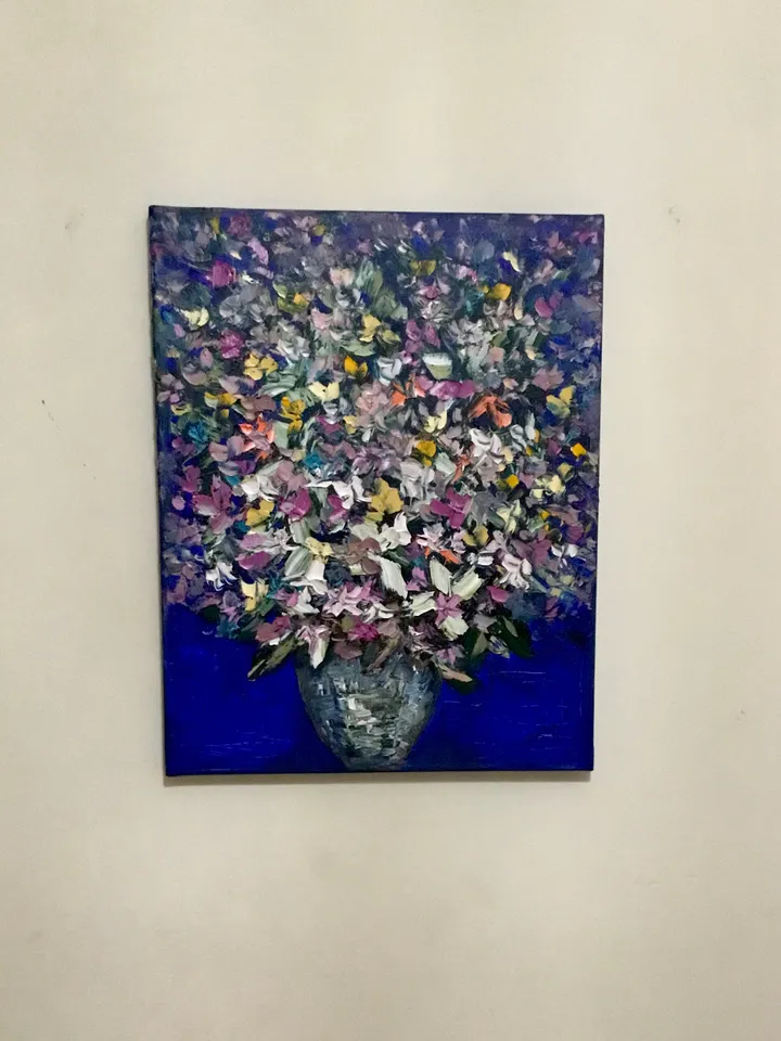 Flowers in a vase on blue background,posters from my original oil impasto painting on canvas,textured painting,colourful flowers wall art.