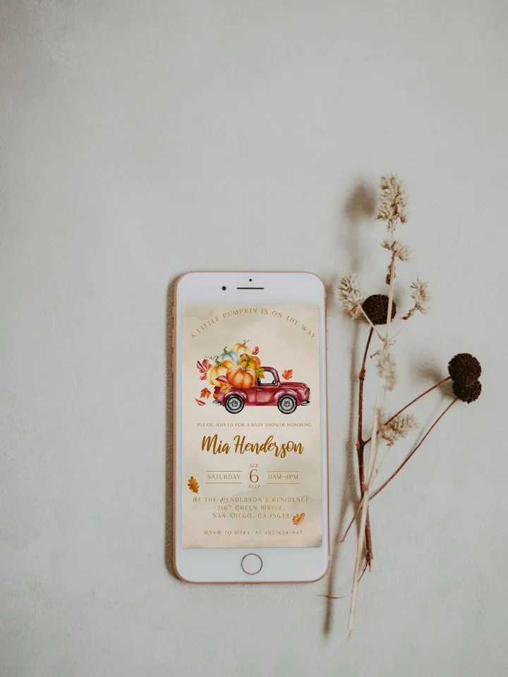 Red Truck with Pumpkins Invitation; Little pumpkin is on the way; Red Truck Pumpkin Harvest Baby Shower; Smartphone Digital Invitation DIY