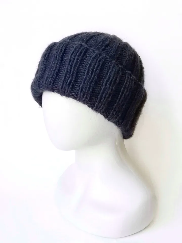 Exquisite Handmade Dark Blue Men's Warm Winter Beanie - Cozy Alpaca-Merino Wool Blend Knit Hat with Ribbed Texture. FREE SHIPPING!
