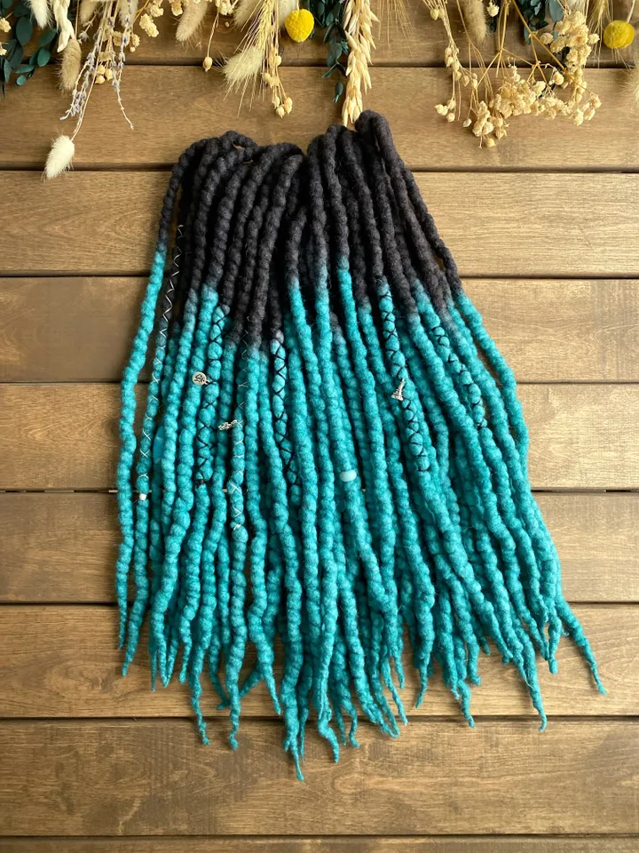 Black and turquoise ombre Wool Double Ended dreadlocks🖤