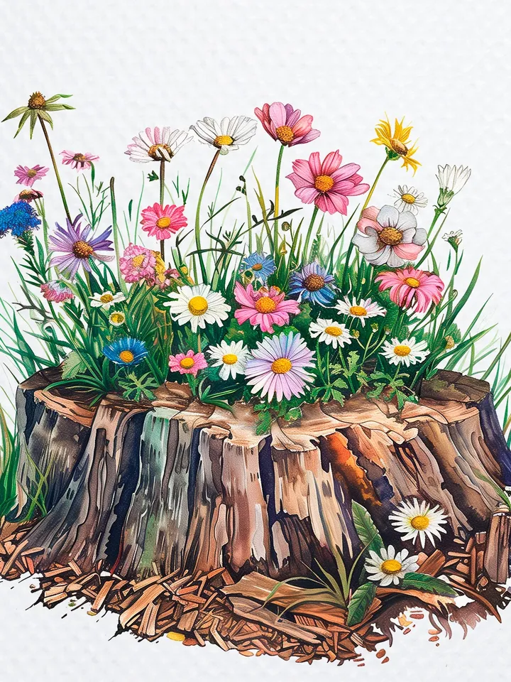 12 Wildflowers On Log png Clipart, Wild Flowers png, Printable Watercolor Wildflowers clipart for sublimation, Paper craft, junk journal