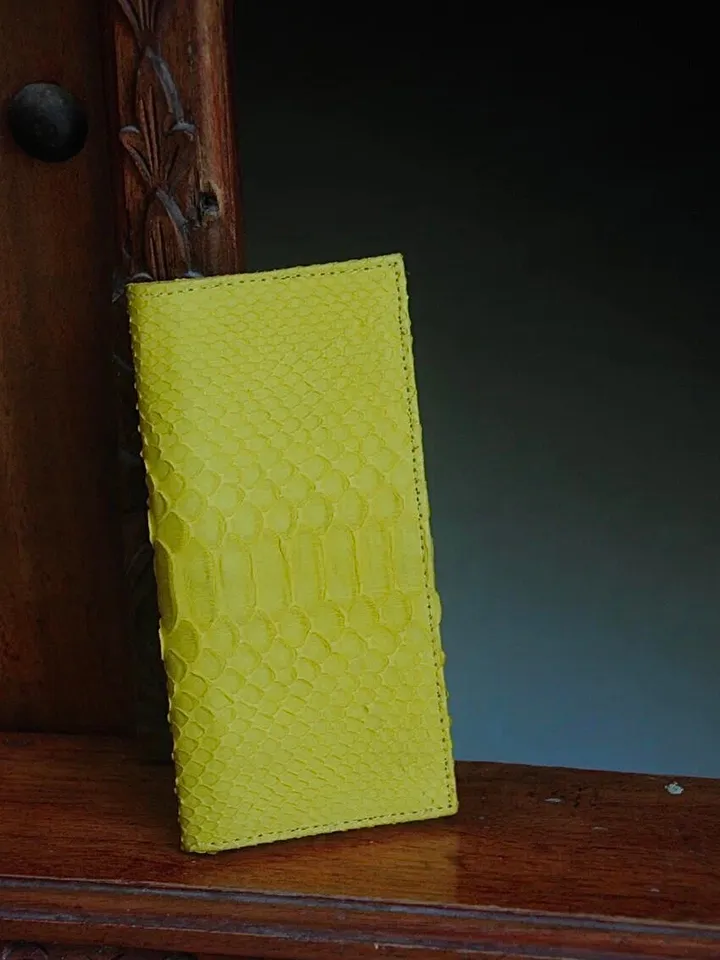 Genuine python skin flat unisex yellow wallet / small money reptile purse / exotic leather snakeprint / cardholder gift idea