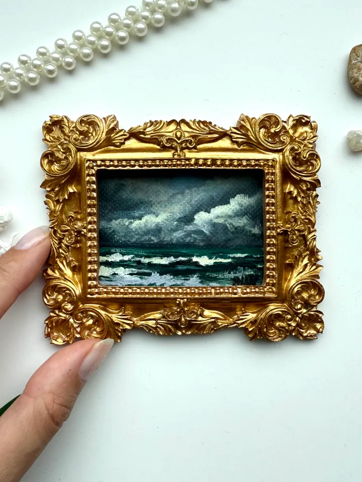 Small Landscape Acrylic Painting Framed Original Stormy Coast Painting Antique Ocean Art Gold Frame Tiny Paintings 3 x 4 Wave Art