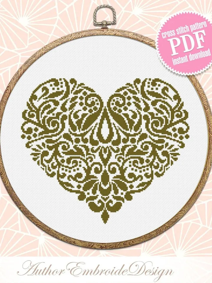 Floral heart cross stitch pattern PDF download Heart mandala cross stitch chart, Monochrome heart ornament cross stitch, Home decor #M229