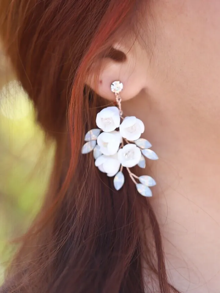 Opal Bridal Earrings, Delicate Porcelain Flower Wedding Earrings, Boho Wedding Earrings, Floral Wedding Earrings