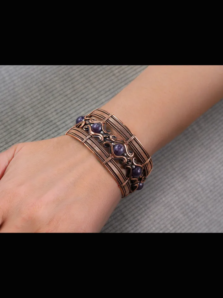 Copper wire wrapped bracelet with amethyst for lady Antique style WireWrapArt