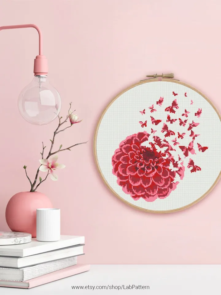 Pink Flower Butterfly Cross stitch pattern | Embroidery Pattern | Instant Download | Embroidery Designs
