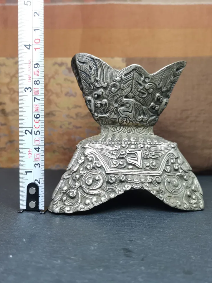Gandhanra Handmade Tibetan Buddhist Offering Bowl,Kapala Skull Cup Set,Ritual Implement,Made of White Copper,7" Height
