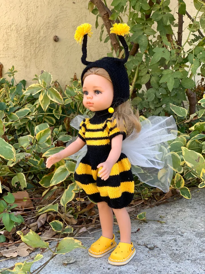 PDF Knitting Pattern Tutorial Bee Costume Jumpsuit with Cap for Paola Reina doll (13"/32 cm) eng