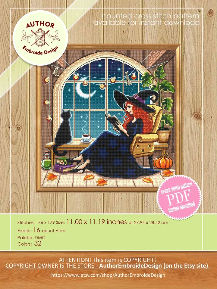 Reading witch cross stitch pattern PDF download Witch home cross stitch chart, Halloween witch pattern digital PDF, Cozy fall window #H88
