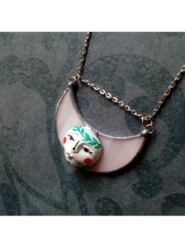Stained glass moon, Moon Goddess, Moon phase necklace, Stainglass crescent, Full moon pendant, Moon face necklace