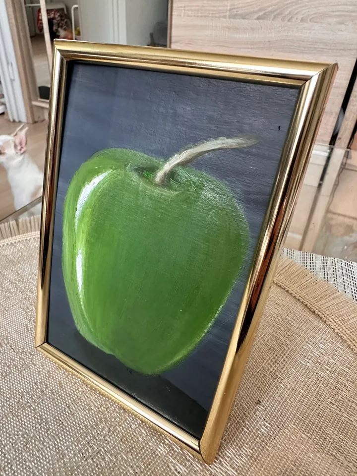 Oil Painting Green Apple Still Life Fruit Food Nature Cardboard 15x10 cm 6x4 inch Wall Decor In a gold frame