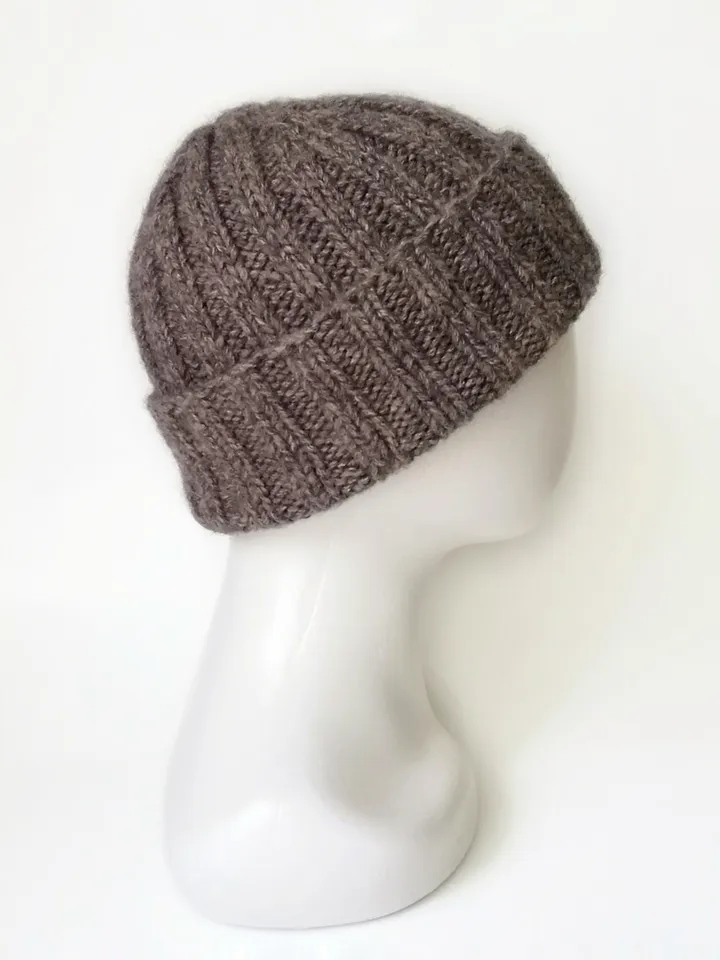 Cozy Men's Alpaca Wool Winter Beanie: Hand-Knitted Brown Hat. Warm Men's Beanie with Folded Brim: Handcrafted Ribbed Cap. FREE SHIPPING!