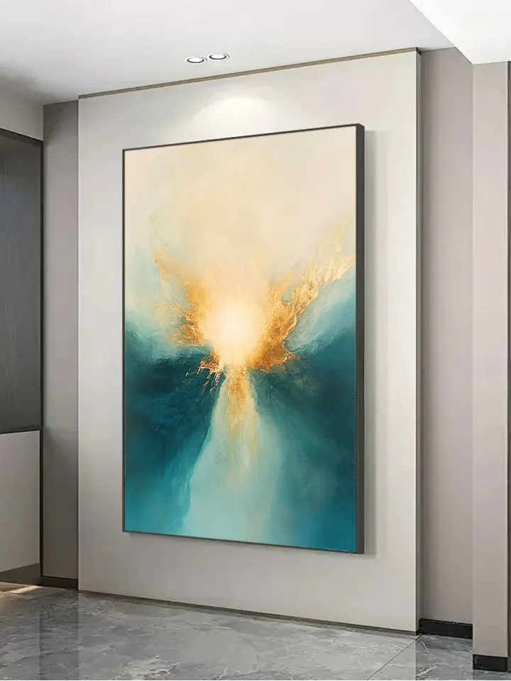 Hand-Painted Abstract Oil Painting | Modern Wall Art with Gold Accents | Stunning Blue and White Art for Living Room Home Decor